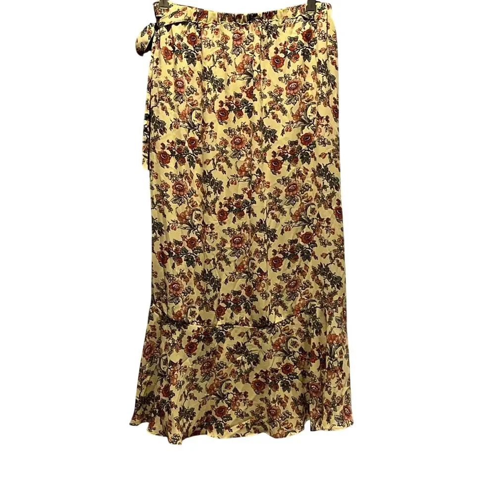 Max Studio Yellow Floral Ruffled Wrap Skirt M NWT Long Boho Lightweight